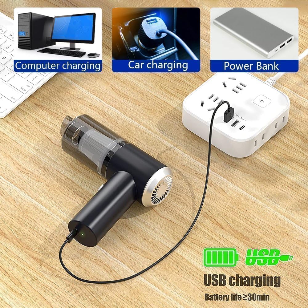 3-in-1 Portable Car Vacuum Cleaner with Blower, USB Rechargeable, Black, Wireless Handheld Mini Design, Strong Suction, Washable HEPA Filter for Car, Home, Travel