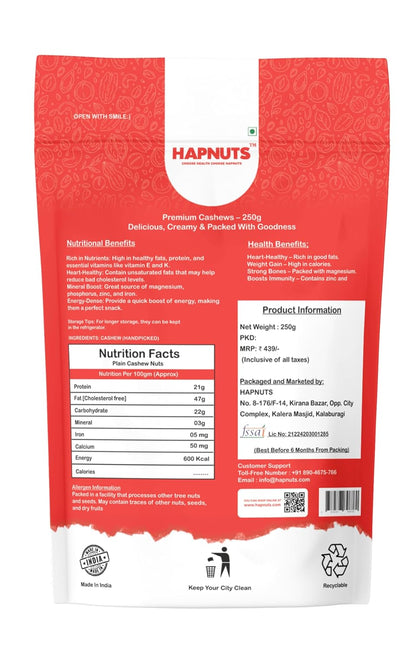 Hapnuts Premium Cashews 250g (Pack of 4) | 100% Natural & Crunchy | Value Combo Dry Fruits
